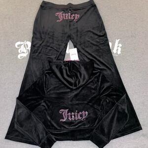 Juicy Couture Throwback Y2K OG Velvet Velour Tracksuit Black with Pink Bling - L